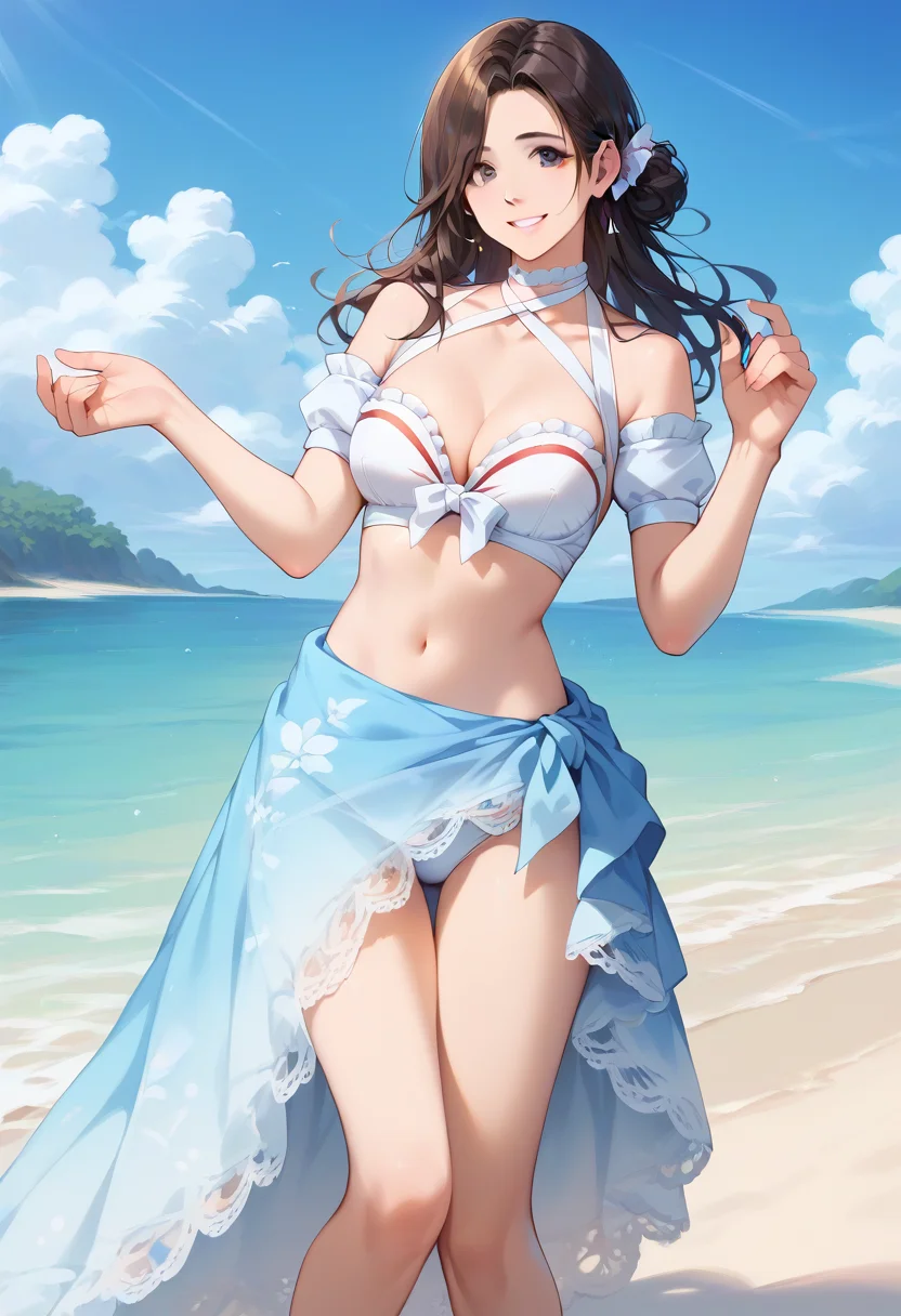 score_9, score_8_up, score_7_up, best quality, masterpiece, source_anime, zPDXL2, BREAK sayuri, brown hair, swimsuit, sarong, bikini, sayuri, sayurimilky,, 1girl, solo, in beach, <lora:sayuriDOAXVVv2:1>, smile, happy