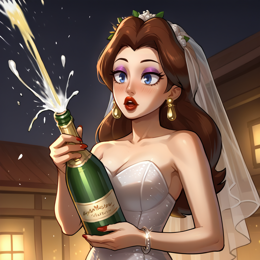 score_9, score_8_up, score_7_up, score_6_up, score_5_up, score_4_up, zPDXL2,source_anime,rating_questionable,  <lora:Champagne:0.8> ch4mp4gne, alcohol, holding bottle, champagne spray, wedding dress, <lora:Pauline_-_Mario_Series:1> Pauline, Earrings, makeup, long brown hair,  blue eyes