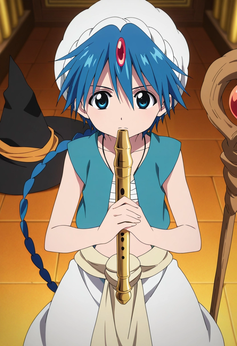 masterpiece, best quality, , anime screencap, anime coloring, official style, , 1boy, solo, male focus, <lora:aladdin_magi_ilxl:0.96>, aladdin_magi, blue hair, blue eyes, long hair, braid, single braid, turban, jewelry, , flute, , staff, hat, witch hat, ,