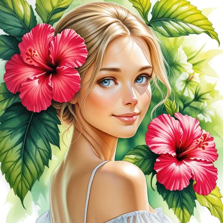 ten9erw4ter, 1girl, solo, looking at viewer, smile, blue eyes, blonde hair, hair ornament, bare shoulders, upper body, flower, looking back, hair flower, lips, leaf, traditional media, realistic, painting, hibiscus