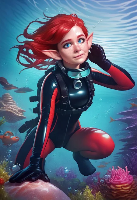 JDStyle,
, score_9, score_8_up, score_7_up, red haired female elf scuba diver swimming underwater in the ocean in a full black wetsuit, realistic skin, masterpiece, raw quality, best quality, extremely detailed, stunning beautiful, freckles, blue eyes, crouched