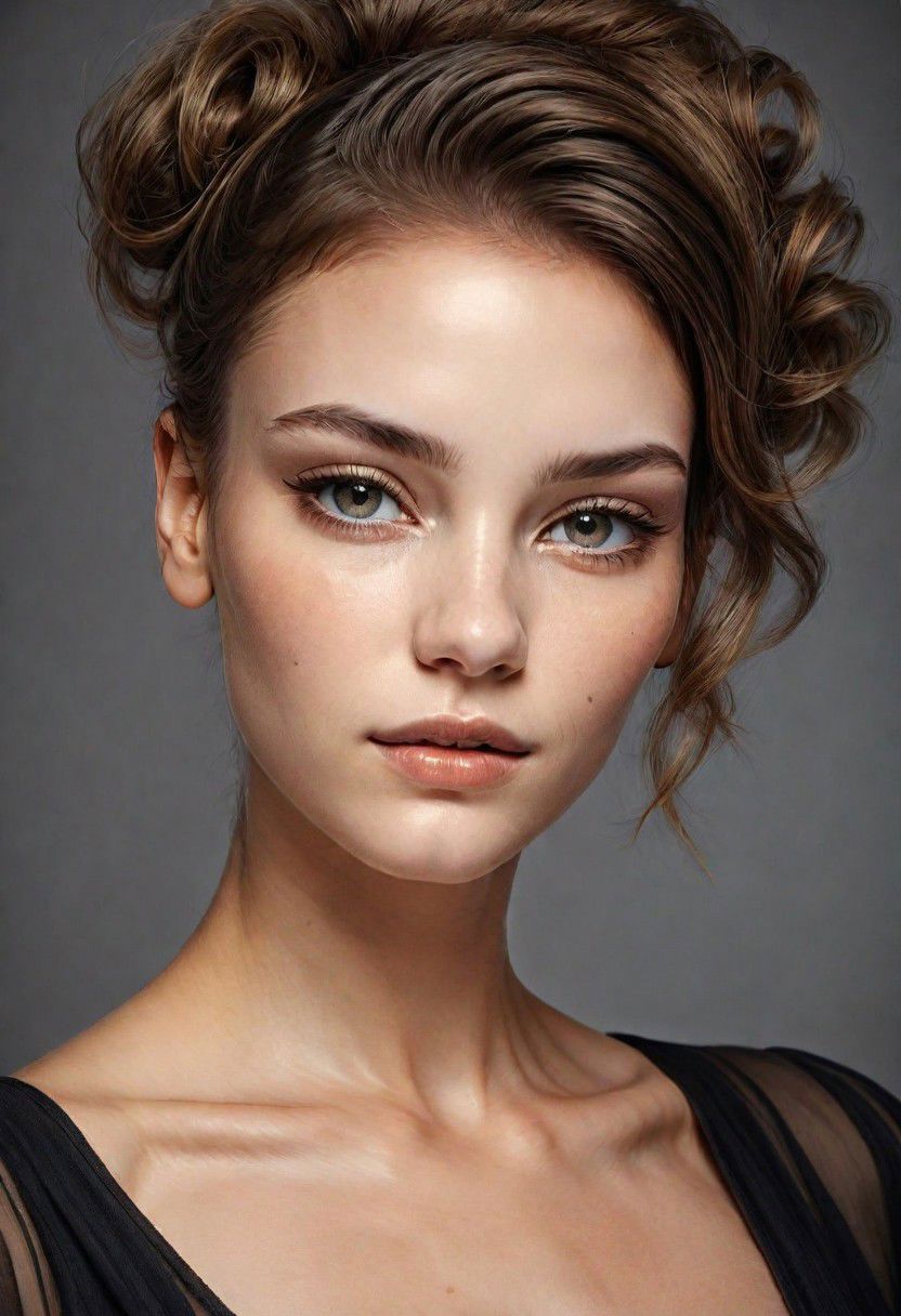 A detailed portrait of a young woman exuding elegance and natural grace. She has a voluminous updo hairstyle with wisps of hair tenderly framing her face. Her hazel eyes are accentuated by tasteful makeup, s. She wears a high-necked black top, suggesting a blend of casual refinement. The lighting should illuminate her face against a subdued background, emphasizing her calm and confident expression. High Fashion, dynamic, dramatic, elegant, High fashion supermodel, avant garde style
fFaceDetaile