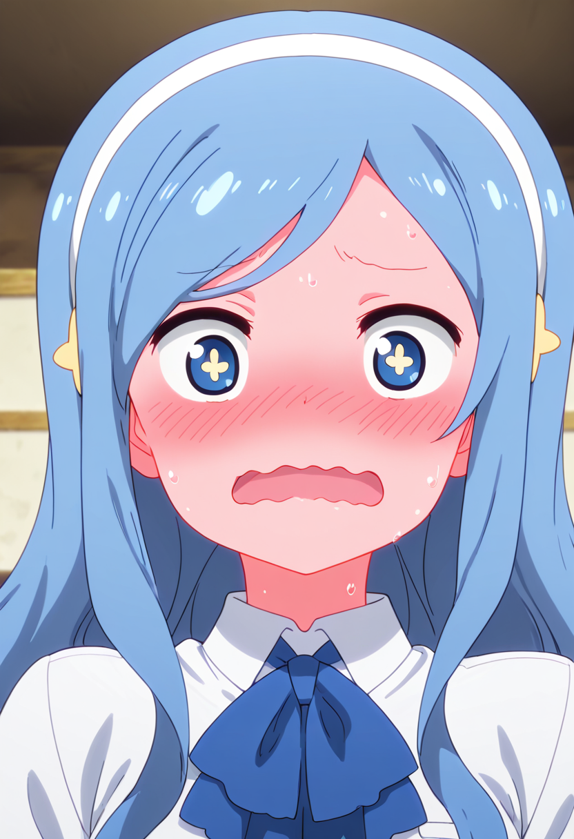 masterpiece, best quality, solo,   zzTachibana, looking at viewer, blush, open mouth, sweat, hairband, star (symbol), embarrassed, wavy mouth, portrait, full-face blush, star-shaped pupils  ,<lora:TachibanaSylphynford_IXL:1.0>,