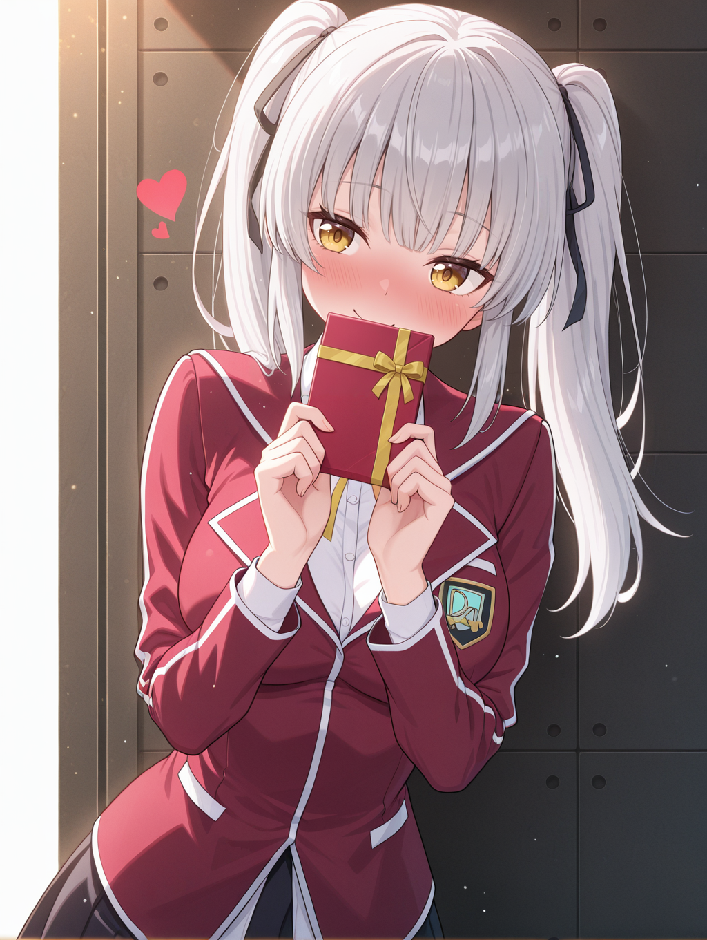 rein megumi,1girl,solo,heart,blush,holding gift,wall,leaning to the side,covering mouth,large breasts,smile,upper body,black hair ribbon, duel academy uniform \(yu-gi-oh! 5d's\), yellow neck ribbon, red blazer, white collared shirt, black miniskirt
masterpiece,best quality,amazing quality,very aesthetic,absurdres,newest,scenery,extreme detail,8k,light particles,soft lighting,volumetric lighting,intricate details,finely detailed,detailed eyes,<lora:Rain Megumi & Jackal Misaki illusXL v1:0.72>,