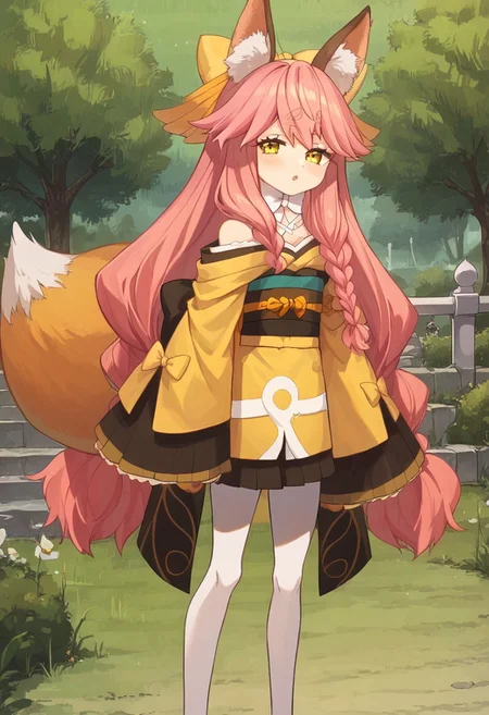 score_9, score_8_up, score_7_up, source_anime, prefect lighting, very aesthetic, intricate details, highly detailed background, masterpiece, high quality, prefect hands, best quality, 1girl, (shortstack:0.8), solo, <lora:aria.pony:1>, aria, pink hair, long hair, braid, yellow eyes, animal ear fluff, fox ears, fox tail, yellow hair bow, small breasts, yellow kimono, japanese clothes, long sleeves, sleeves past wrists, wide sleeves, white bow, bare shoulders, white pantyhose, obi, ribbon, white footwear, chestnut mouth, blush, outdoors, house, trees, night, night sky, looking at viewer, pov