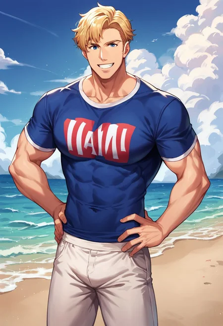 score_9, score_8_up, score_7_up, score_6_up, Lewis Smith, blond hair, short hair, blue eyes, (upper body), standing, hawaiian beach, perfect mouth, toned body, (blue t-shirt withe red and white trim:1.5), short sleeves, white shorts, muscular, bare tights, smile, grin, confidence, look at viewer, hands on hips, ocean, day, sky, mature, masculine, manly, hunk, anime