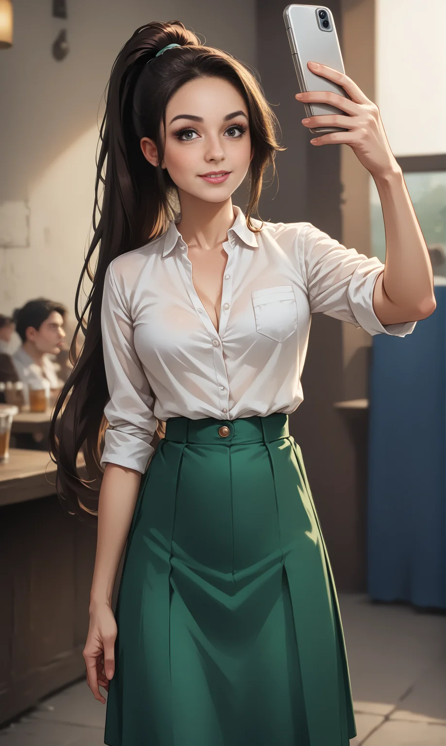 score_9, score_8_up, score_7_up, BREAK, TkSelf, (slim female) standing in pub and taking a selfie. The female wears green skirt and white blouse, long brunette ponytail <lora:TakeSelfiePony:1>