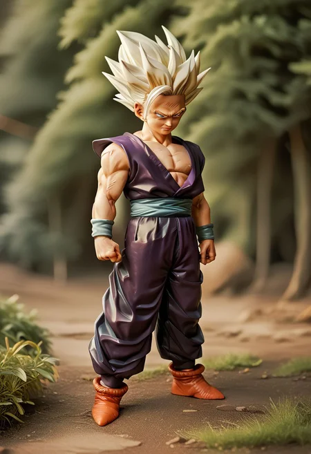 (Score_9, score_8_up, score_7_up:1.7),(fullbody:1.0), (Ssj2,Purpleclothes:1.0),( in forest background:1.0),(diminute, toy),detailed face, detailed eyes