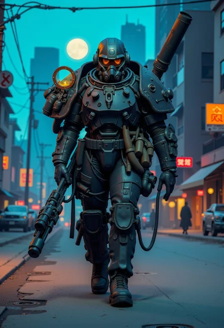 1man, A heavily armored warrior in futuristic black power armor stands confidently, wielding a massive gatling gun with intricate details. The armor is bulky, with reinforced plating, large shoulder pads, and complex mechanical joints. The helmet has a visor and multiple metallic elements, giving the character a rugged, battle-hardened look. The gatling gun features a drum magazine, with visible wiring and mechanical components, emphasizing its powerful nature. The character exudes strength and resilience, with an imposing and intimidating stance, full shot, full body visible, ultra realistic, masterpiece, he walks in a deserted road, distant cyberpunk metropolis, night time, neon light lights the sky.