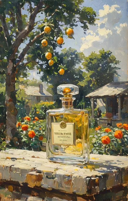 masterpiece,best quality,<lora:tbh209-sdxl:0.9>,illustration,style of Anthony Thieme A bottle of perfume in garden