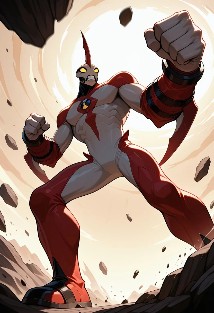 masterpiece, best quality, amazing quality, very aesthetic, absurdres, newest,
,waybig, no humans, solo, alien, horn, single horn, yellow eyes, arm blade,
from below, incoming punch, angry, clenched teeth, punching, falling rocks,