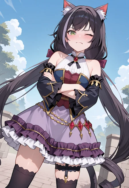 highres, best quality, masterpiece, outdoors, blue sky,
1girl, solo, pcrcal, black hair, streaked hair, cat ears, animal ear fluff, cat tail, green eyes,
caldef, low twintails, hair bow, necklace, blue bodice, gold trim, sleeveless, white shirt, red shirt, blue sleeves, black sleeves, detached sleeves, neck ribbon, wide sleeves, jewelry, belly chain, red gemstone, light purple skirt, purple skirt, frilled skirt, layered skirt, black frills, white frills, garter strap, thigh strap, black thighhighs,
blush, looking at viewer, one eye closed, tsundere, fang,
standing, crossed arms, legs apart, dutch angle,
<lora:_kyaru_pcr-elesico-ilxlC:1>