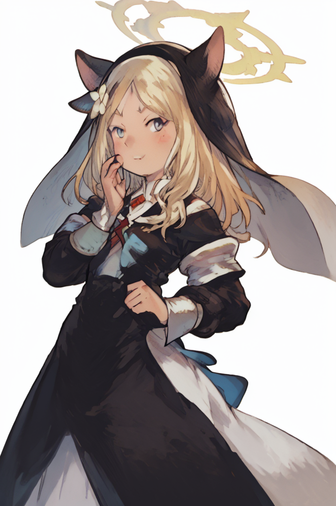 score_9, score_8_up, score_7_up, score_6_up, solo, halo, (Yoshida_Akihiko_PonyXL_style_v02.10.01:1.5) mari iochi, long hair, blue eyes, animal ears, orange hair, halo, yellow halo, braid, single braid, animal ear headwear, armband, blue neckerchief, bow, collarbone, flower, frilled sleeves, frills, habit, hair flower, hair ornament, long skirt, long sleeves, neckerchief, nun, puffy long sleeves, puffy sleeves, sailor collar, skirt, pray pose, (Bravely Default Style), yoshida akihiko, blush, red eyes, shy, blood on clothes, teeth, big smile, blue eyes, <lora:pony\char\game\ba\mari-iochi-ponyxl-lora-nochekaiser.safetensors>, <lora:pony\style\Yoshida_Akihiko_PonyXL_style_v02.10.01.safetensors>, <lora:styles\yoshida_akihiko_offset.safetensors>, <lora:styles\BravelyDefault.safetensors>, <checkpoint:[Pony] prefectPonyXL_v10.safetensors>, <checkpoint:[SD15] tfmCutesyAnime2_genesis.safetensors>