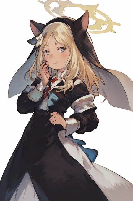 score_9, score_8_up, score_7_up, score_6_up, solo, halo, (Yoshida_Akihiko_PonyXL_style_v02.10.01:1.5) mari iochi, long hair, blue eyes, animal ears, orange hair, halo, yellow halo, braid, single braid, animal ear headwear, armband, blue neckerchief, bow, collarbone, flower, frilled sleeves, frills, habit, hair flower, hair ornament, long skirt, long sleeves, neckerchief, nun, puffy long sleeves, puffy sleeves, sailor collar, skirt, pray pose, (Bravely Default Style), yoshida akihiko, blush, red eyes, shy, blood on clothes, teeth, big smile, blue eyes, <lora:pony\char\game\ba\mari-iochi-ponyxl-lora-nochekaiser.safetensors>, <lora:pony\style\Yoshida_Akihiko_PonyXL_style_v02.10.01.safetensors>, <lora:styles\yoshida_akihiko_offset.safetensors>, <lora:styles\BravelyDefault.safetensors>, <checkpoint:[Pony] prefectPonyXL_v10.safetensors>, <checkpoint:[SD15] tfmCutesyAnime2_genesis.safetensors>