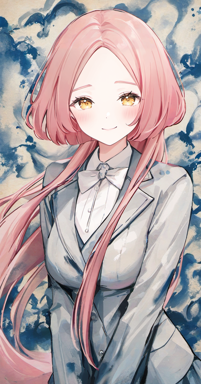 kuragecut,1girl,solo,blush,smile,((bob_cut,very long hair, long hair)),looking at viewer,pink hair , upper body ,breasts,medium breasts ,facing viewer , forehead,parted bangs, yellow eyes , ballroom,school uniform, best_quality,masterpiece,modern
<lora:kuragecut_v1_illustrious_xl:1>,((((ink wash painting,jidao huashi)))),((artist:gomzi)),((limited_palette)),high_contrast,inverted_colors,colorful,sumi-e
