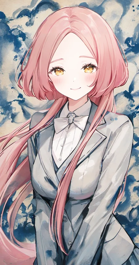kuragecut,1girl,solo,blush,smile,((bob_cut,very long hair, long hair)),looking at viewer,pink hair , upper body ,breasts,medium breasts ,facing viewer , forehead,parted bangs, yellow eyes , ballroom,school uniform, best_quality,masterpiece,modern
<lora:kuragecut_v1_illustrious_xl:1>,((((ink wash painting,jidao huashi)))),((artist:gomzi)),((limited_palette)),high_contrast,inverted_colors,colorful,sumi-e