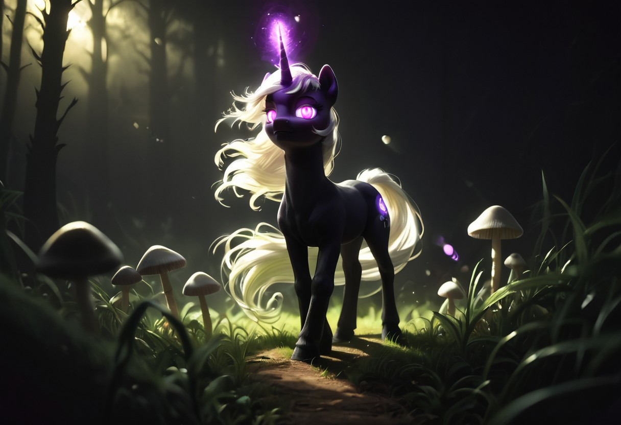 score_9, score_8_up, score_7_up, score_6_up, score_5_up, score_4_up, source_pony, BREAK dark-grasshrooms, front view, standing at an angle, unicorn, black fur, white mane, white tail, flowing in wind, looking at viewer, detailed face, pink eyes, glowing eyes, beautiful eyes, vivid pink magic aura, magical dark-grasshrooms forest, dark background, vivid purple light, backlit, low key, sidelight, silhouette, depth of field, blurry foreground