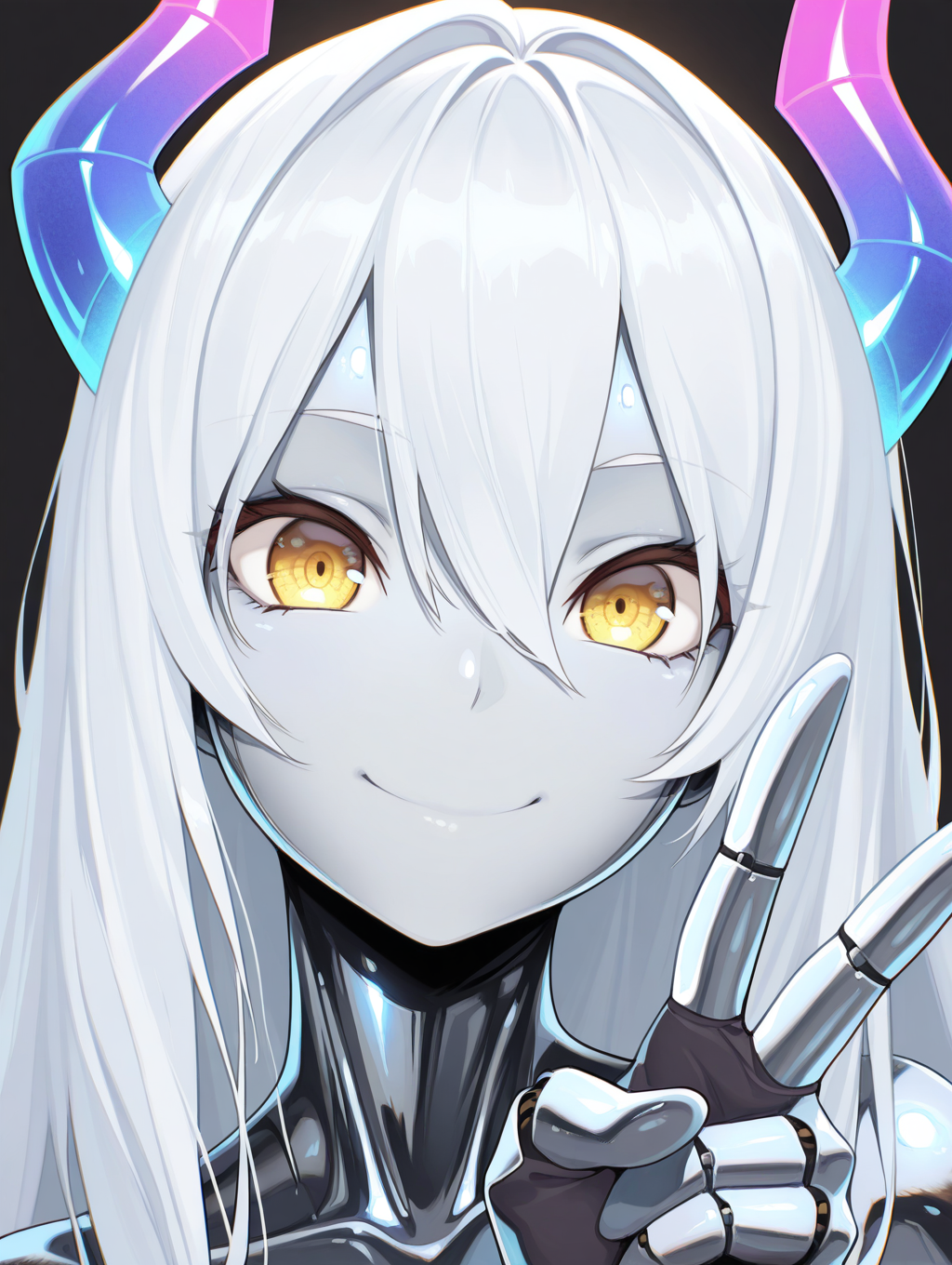 hi res, masterpiece, best quality, highres, v, yellow eyes, smile, long hair, looking at viewer, 1girl, hair between eyes, simple background, closed mouth, portrait, cartoon, metal skin, horns, mecha horns, neon horns,,masterpiece,best quality,amazing quality,
