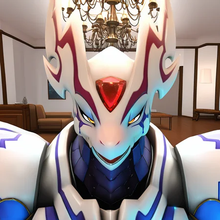 highres, best quality, masterpiece, very aesthetic, newest, year_2024, year_2023, year_2022,<lora:DorugoramonIllustrious:1>, dorugoramon,solo, 3d,cgi,octane render,upper body,indoors,living room,smug,chandelier.red forehead jewel,no humans