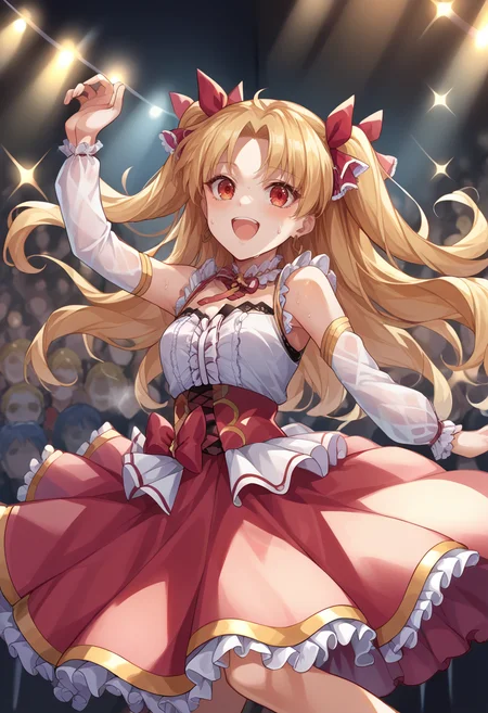 score_9, score_8_up, source_anime, EreshkigalFlowerSunshine, two side up, hair ribbon, idol, frilled dress, bow, detached sleeves, on stage, stage lights, dynamic pose, sweat, open mouth, happy, audience, <lora:CHAR-EreshkigalPonyXL:1>