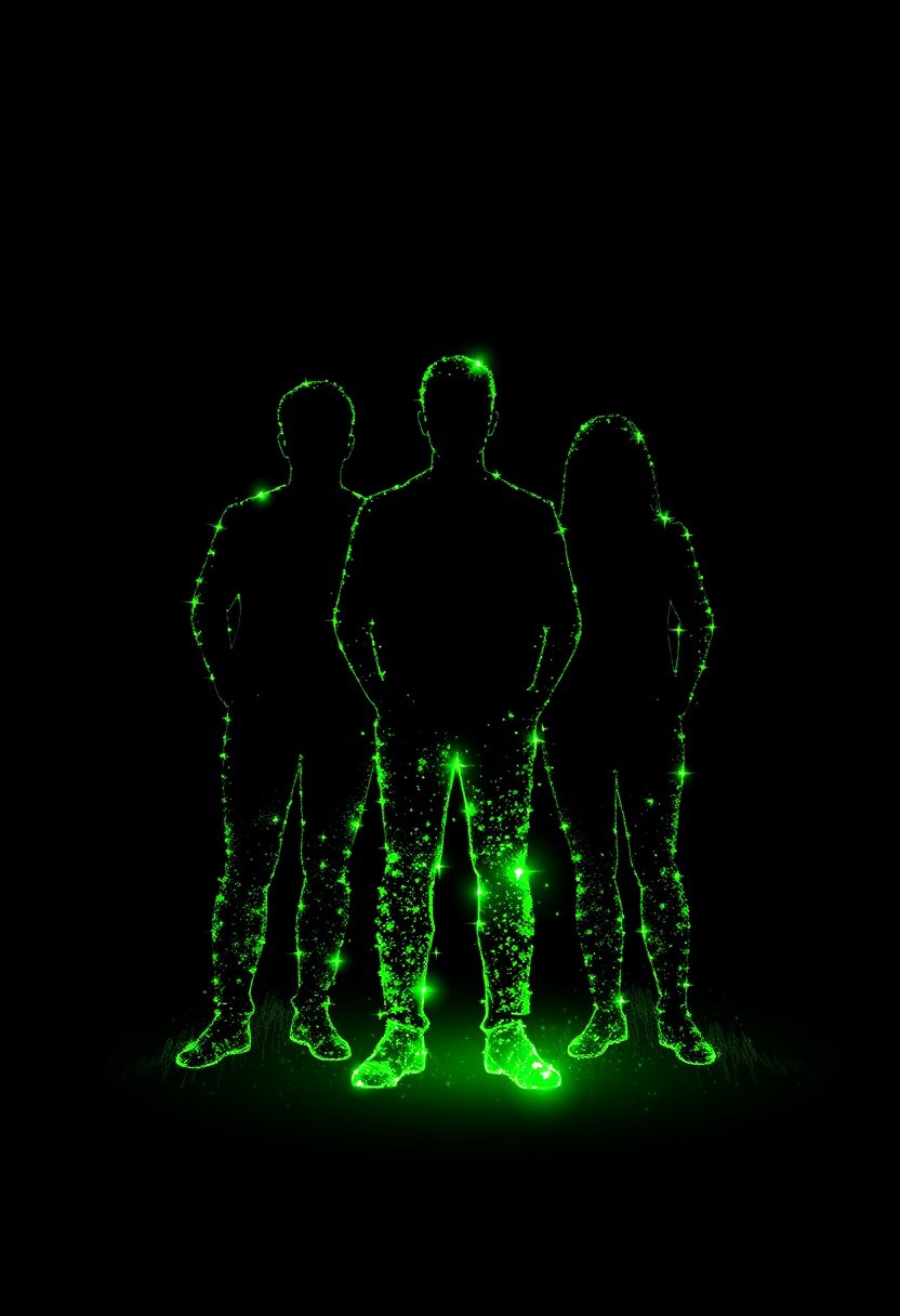 Minimalistic particle silhouette of a outlines of Group of 3 People, composed outlines of glowing green particles and digital noise. Simple and elegant, designed for icon-style usage. Soft glow dispersed light particles, subtle pixelation, and a smooth black background with inner image. High contrast, clean edges, and abstract form