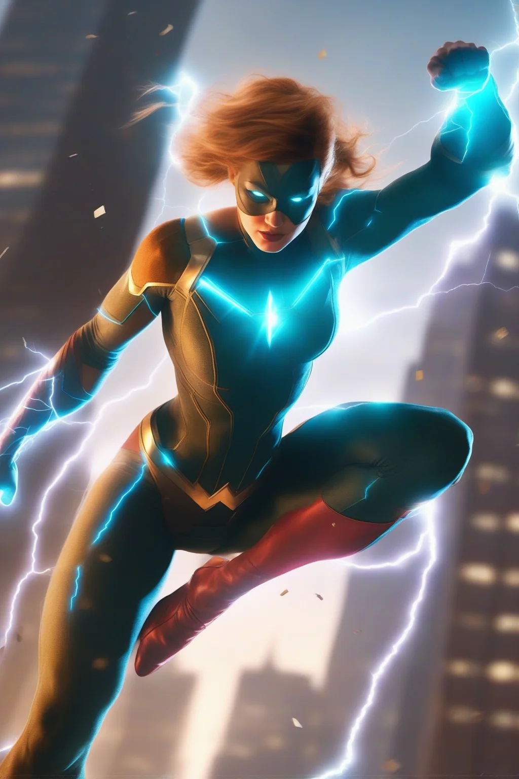 zdyna_pose, dutch angle, from below, female superhero in a zdyna_pose casting lightning from her outstretched arms with a tall city in the background in a low camera angle actions scene, foreground objects dust and volumetric lighting, bright cinematic lighting, orange and teal color grading