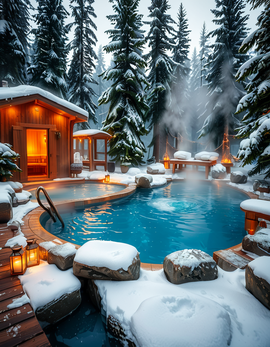 A breathtaking Nordic spa in the heart of a snowy forest, surrounded by tall evergreen trees. The scene captures a steaming outdoor hot pool with crystal-clear water, reflecting the soft glow of ambient lighting. A rustic wooden cabin with a snow-covered roof stands nearby, serving as a relaxation area. Wooden lounge chairs with neatly folded white towels are placed around the pool. A stone pathway, lightly dusted with snow, leads to the water, illuminated by warm, soft lanterns. A few people are seen enjoying the spa, some wrapped in cozy robes while others relax in the steaming water. The atmosphere is serene and tranquil, with mist rising from the hot pool, contrasting with the cold winter air. The lighting is warm and inviting, creating a perfect balance between natural beauty and luxurious comfort.
<lora:SDXLFaeTastic2400:0.4> <lora:extremely_detailed:0.4> extremely detailed, <lora:Nordic_sp4:1>,Nordic sp4, Masterpiece,best quality,hi res,8k,hi res,8k,award winning,(sharp focus, intricate, highly detailed),