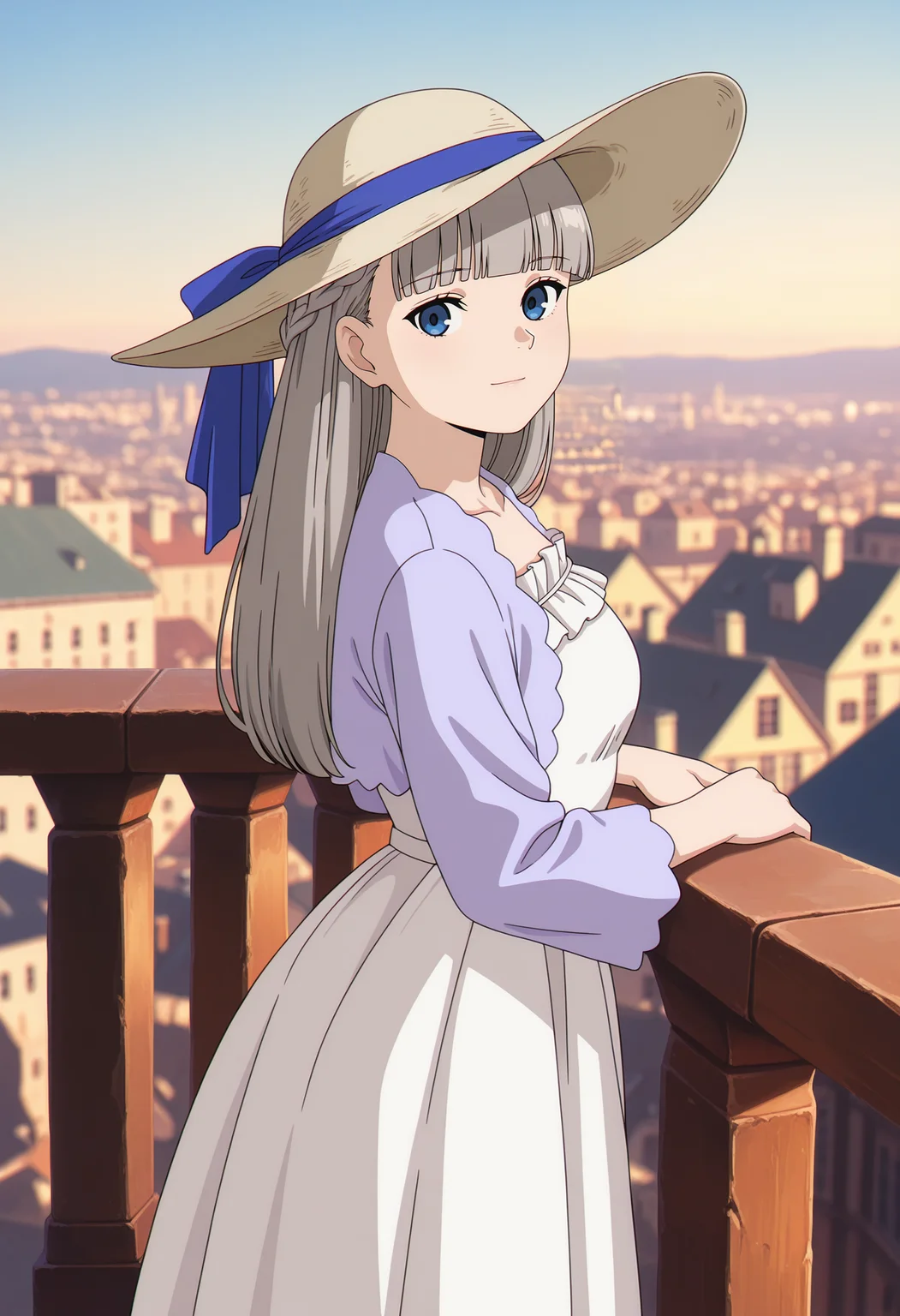 anime screencap, masterpiece, best quality,
<lora:SousouNoFrieren_Lawine_IlluXL:0.9>,
1girl, solo, closed mouth, light smile,
grey hair, long hair, french braid, blue eyes, blunt bangs,
LawineCasual, sun hat, hat ribbon, light purple jacket, cropped jacket, open jacket, collarbone, white dress, frills,
arm rest,
standing, looking back, looking at viewer, from behind, from side, cowboy shot,
outdoors, scenery, medieval, cityscape, balcony, photo background, blurry background
