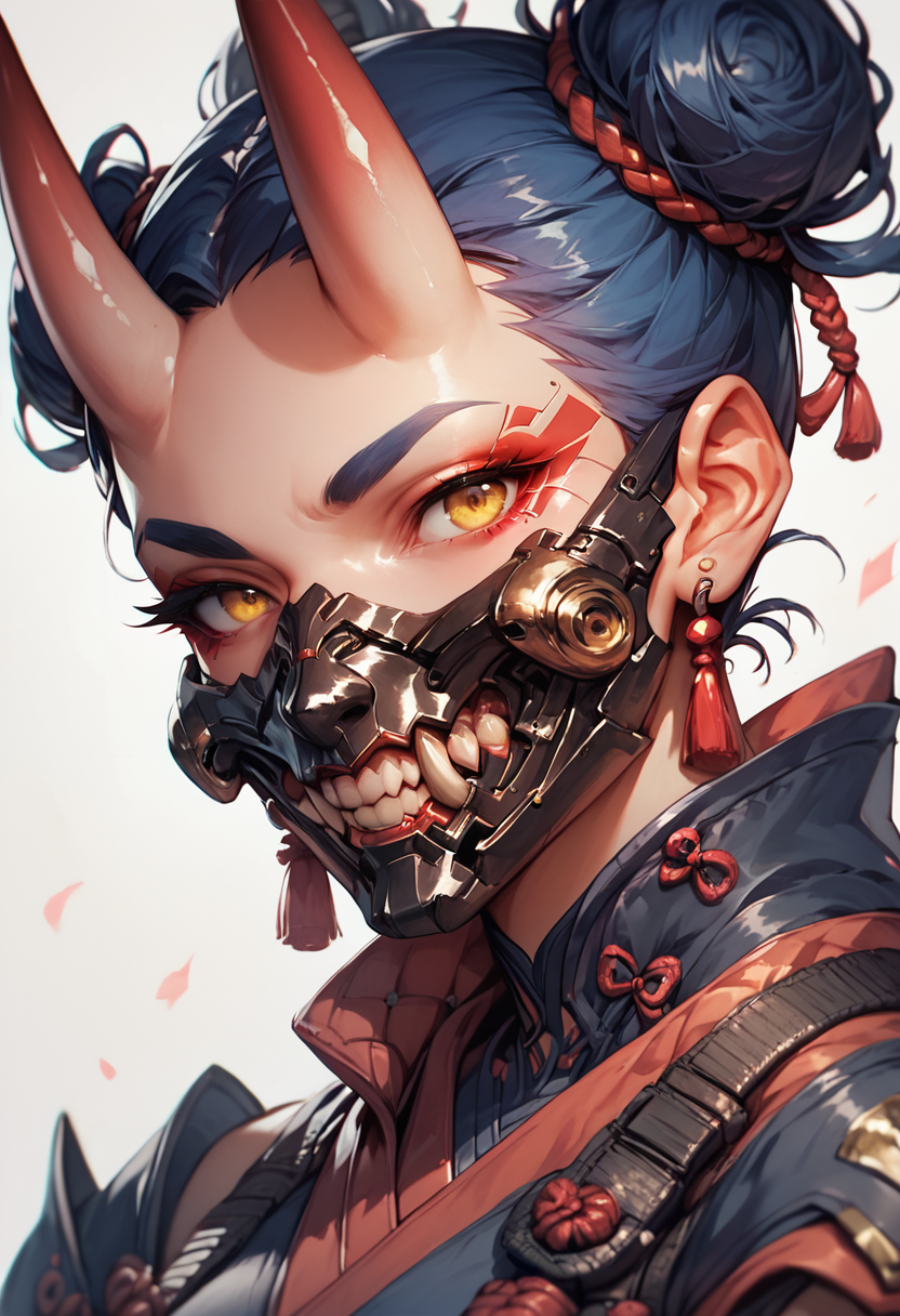 (score_9, score_8_up), score_7_up, 1girl, looking at viewer, jewelry, yellow eyes, horns, teeth, shiny, hair bun, armor, double bun, mask, science fiction, oni horns, oni, short eyebrows, mouth mask, cyberpunk
<lora:masky-000009:0.8>