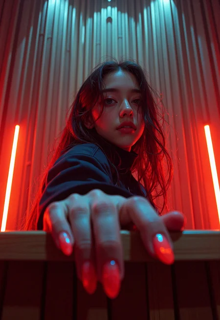 hyper-realisitic, hyper-detailed, detailed foreground, RAW photo, detailed clothing, detailed lighting, Dutch angle close-up from behind her shoulder, she’s turned partially toward the camera, looking over her shoulder with narrowed eyes, one hand in frame gripping a podium edge, nails curved over the wood The perspective is tilted. The camera sees her from over the back of her shoulder, just past her neck, as if caught in a private moment of decision before speaking. She is moments from delivering a truth that will burn the room down. The space is clinical, a performance venue perhaps, but the angles are broken by the framing. The lights above are blurred and doubled, like heat mirage. Her silhouette cuts hard against the illuminated wood slats behind her — jagged, exacting. One hand rests on the edge of the stage podium, nails sharp and opalescent, painted with bloodied flame swirls, curled over the varnished surface. The tension in her fingers is echoed in her eyes — bold, steady, with a smirk that barely forms. Lighting: Backlit by warm vertical beams, edge-lit from the side with a muted red gel, creating light bleed on her nails and eye highlights. Color Palette: Stage gold, wine red, cool shadow blue, blood swirl accents Mood: Aesthetic unease, composure moments before collapse. <lora:Flux__Semi-realistic_art_style-000004:0.4000000000000001> <lora:MoriiMee_Gothic_Niji_Style_FLUX:0.6500000000000001>