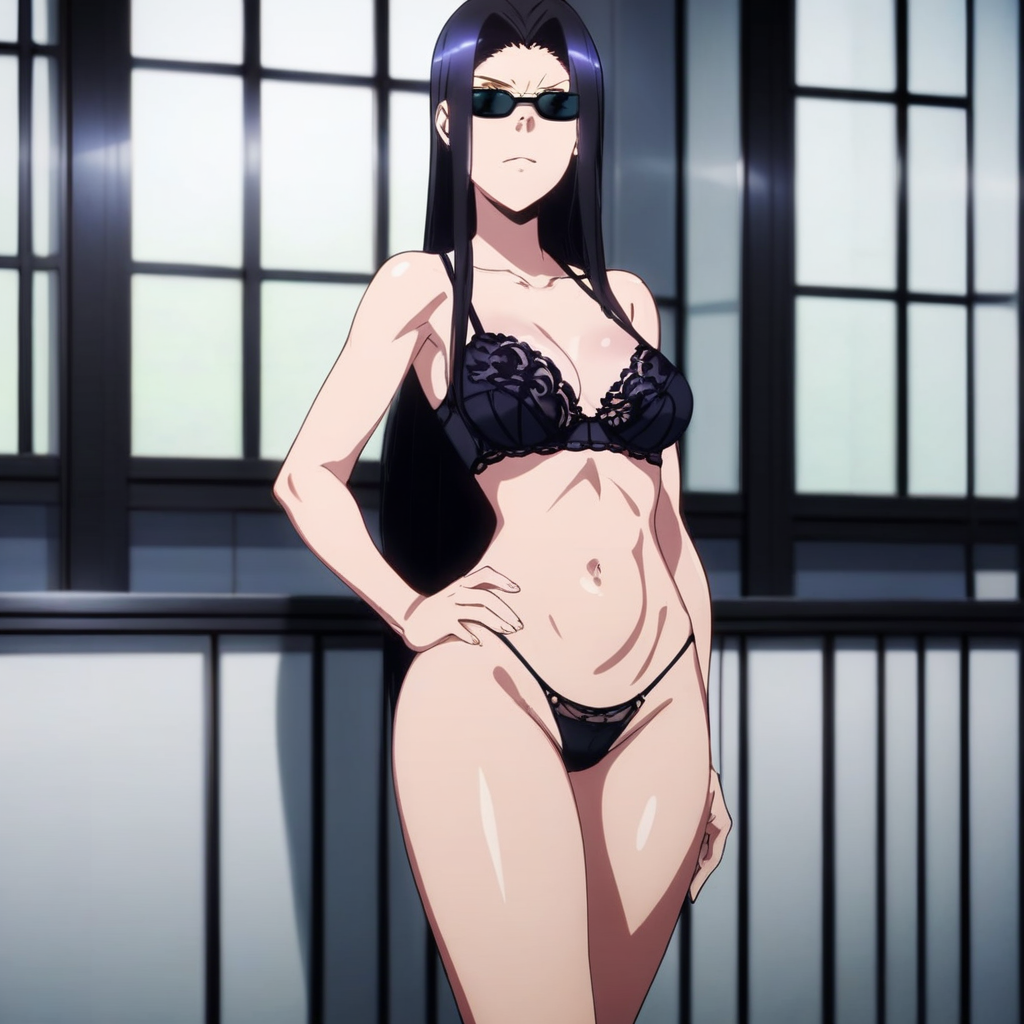 1girl, solo, Ms. Smith,  tall, sexy, long black hair, rectangle sunglasses, medium breasts, flat stomach, wearing black lace bra & thong, indoors standing with hand on hip, looking at viewer