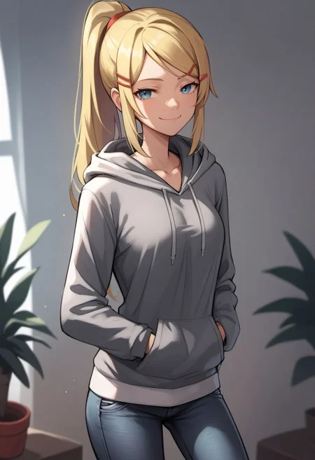 score_9, score_8_up, score_7_up, score_6_up,
m0sha style, girl, solo, long hair, looking at viewer, smile, hair ornament, long sleeves, closed mouth, blue eyes, standing, ponytail, hairclip, indoors, hood, blonde hair, hoodie, hood down, smug, grey hoodie, jeans,
<lora:mosha style v1:0.7>,
<lora:fix_hands:1.5>