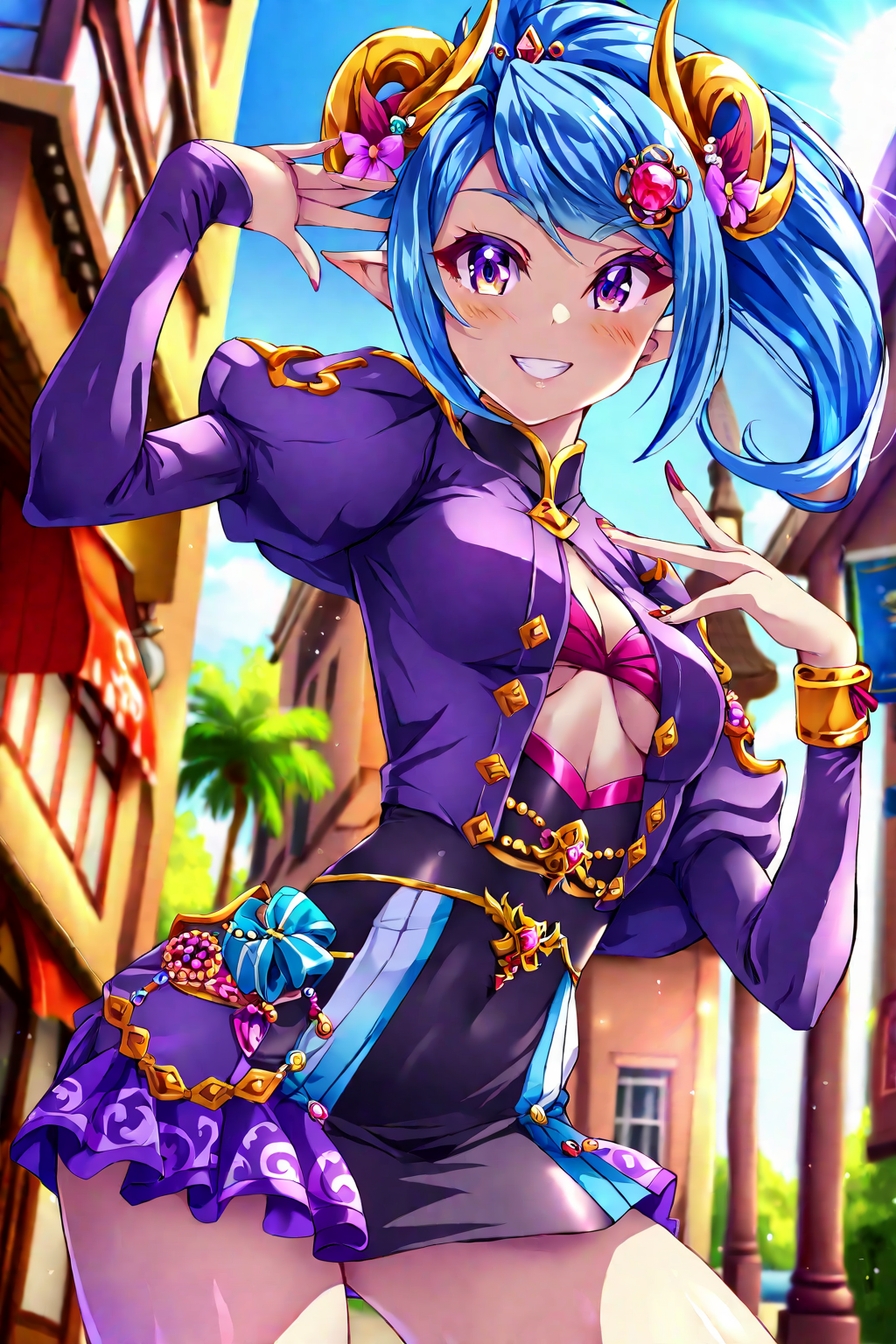 (1girl:1.2),(solo:1.2),by toraishi 666,masterpiece,best quality,aesthetic,beautiful,beautiful color,amazing quality,detailed clothes,hair ornaments,pose,street background,smile,cowboy shot,nice hands,perfect hands,