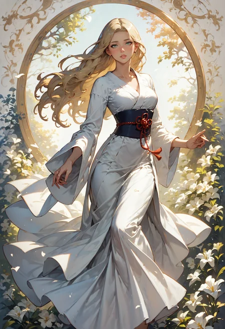 score_9, score_8_up, 1girl, white kimono, solo, blonde hair, mid parted hair, long hair, heart, curvy, solo, sultry look, romantic sunset, surrounded by white lily flowers in a flower meadow, dynamic pose, art nouveau style <lora:sdxl\Anime Summer Days Style SDXL_LoRA_Pony Diffusion V6 XL:0.8>
