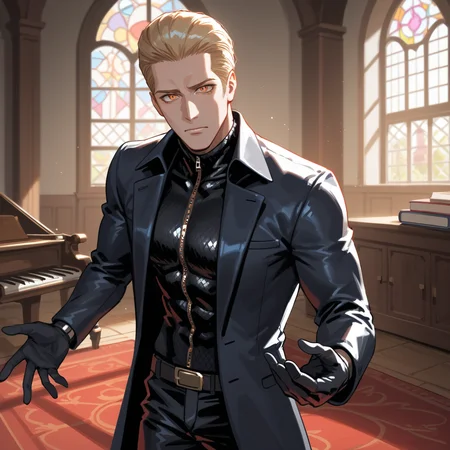 PonyScores7, source_anime, ah1, best quality, (masterpiece:1.4), (high quality:1.4), sharp focus, 4k, absurd resolution, <lora:albertwesker-guy-PONYv1:0.8> albertwesker, albert wesker, 1boy, solo, blonde, black gloves, sunglasses, belt, pants, black coat, black pants, looking at viewer, toned, athletic, fit, slicked back hair, black turtleneck, zipper, mature male, (graphene textured clothes), black boots, (side-on), (English Country Manor, Situated in a stately manor house, boasting floral chintz upholstery, antique Persian rugs covering polished hardwood floors, a roaring fireplace with a mantle adorned with family portraits, bookcases filled with leather-bound classics, and a window seat overlooking manicured gardens where roses bloom), bad-hands-5, ((spinning with joy expression)), <lora:xl_more_art-full_v1:0.2>, <lora:shinyskin2:0.2> glistening skin, <lora:aesthetic_anime_v1s:0.2>, <lora:Expressive_H:0.2> Expressiveh, <lora:hairdetailpxl:0.2> hairdetailpxl, <lora:detailxl:0.2> detailxl, (Through a close-up, focusing on intricate details), (suit with vest), (focused, intense glare), slit pupils, short hair, (reddish orange eyes), best quality, amazing quality, best aesthetic, absurdres, <lora:expressive eyes:0.2> expressive eyes, <lora:eyedetailpxl:0.2> eyedetailpxl, illustration, Volumetric_Lighting, ultra-detailed, very aesthetic, intricate details, 8k, masterpiece, best_quality, (angular face, sharp_featured face),