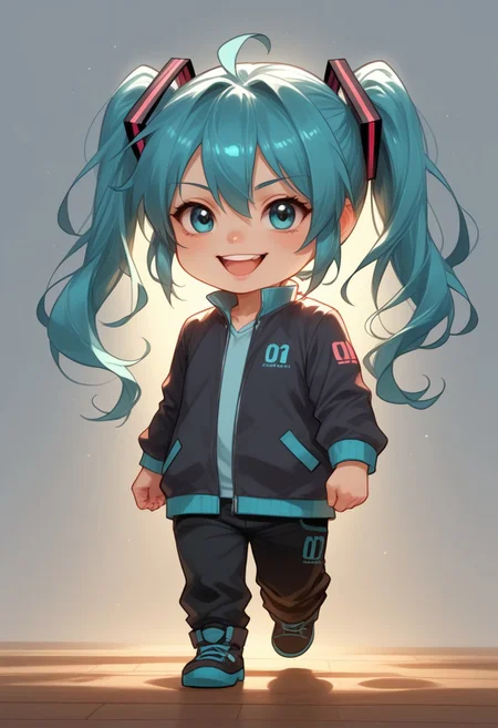 score_9, score_8_up, score_7_up, source_furry, solo, adorable chibi Hatsune Miku, happy, (chibi body:1.4), (indirect lighting, dynamic lighting:1.4), simple background, chibi art style, (detailed image, high resolution, 5k resolution:1.0), (realistic style, chibi art style, Las Lindas Art Style:1.2)