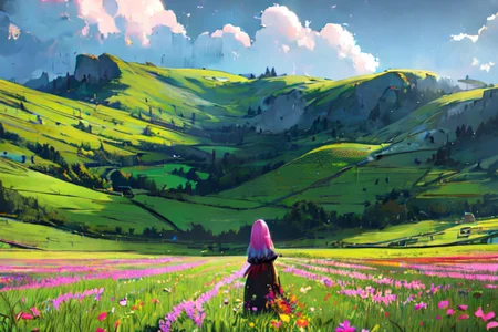 (otherworldly), highly insanely detailed, masterpiece, top quality, best quality, highres, 4k, 8k, RAW photo, (very aesthetic, beautiful and aesthetic), farm, fields, barn, fence, fantfa, <lora:FantasyFarm-10:0.7>,
1girl,
(floral hair ),
(a colorful background,multicolored background,gradient background),âââ