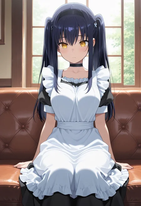 masterpiece,best quality,amazing quality, kushima kamome, long hair, black hair, yellow eyes, 1girl, solo, maid, apron, twintails, sitting, choker