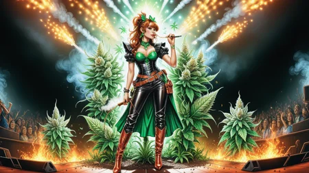 hand drawn  crystal-clear  with super sharp details and vivid colors, intricate textures, and pristine clarity Color pencil sketch, Expertly drawn, depth of field, cinematic angle camera,full body,cowboy shot, facing viewer, On stage  Wearing dominatrix style Clothinglsd-art, acid-art, trippy, looking at viewer, breasts, earrings, scenery, outdoors A hyperrealistic Whimsical surreal color sketch  girl, absurdly long hair,  black clover hairpin, Wearing skin tight leather outfit, stiletto heels ,Smoking cannabis, Cannabis plants everywhere, Smoking a joint, Bong,  rendered with hyperrealistic clarity, making the scene both dynamic and visually captivating. On a stage decorated with cannabis. (full body Portrait:1.0) <lora:t3gr1dy:0.4>  <lora:Rock_Concert:0.9> r0ckc0ncert, on stage, light show, smoke, band, instrumentslsd-style, looking at viewer SimplePositiveXLv2 <lora:Daisy-Acid:0.5>
