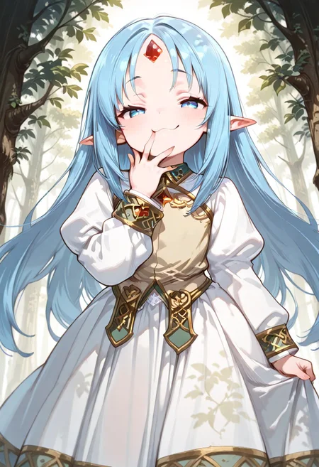 masterpiece, best quality, good quality, very awa, very aesthetic, absurdres, newest, high resolution,high quality,detailed,cute details, gr4ph1t3, beautiful eyes, perfect eyes, detailed eyes, 1girl, solo, reset_kalar_il ,pointy ears,blue hair,long hair,red gem forehead, cute dress, cute, looking at viewer, half closed eyes, very smug expression, :3, very cute, hand in front of mouth, closeup, from below, fantasy, forest