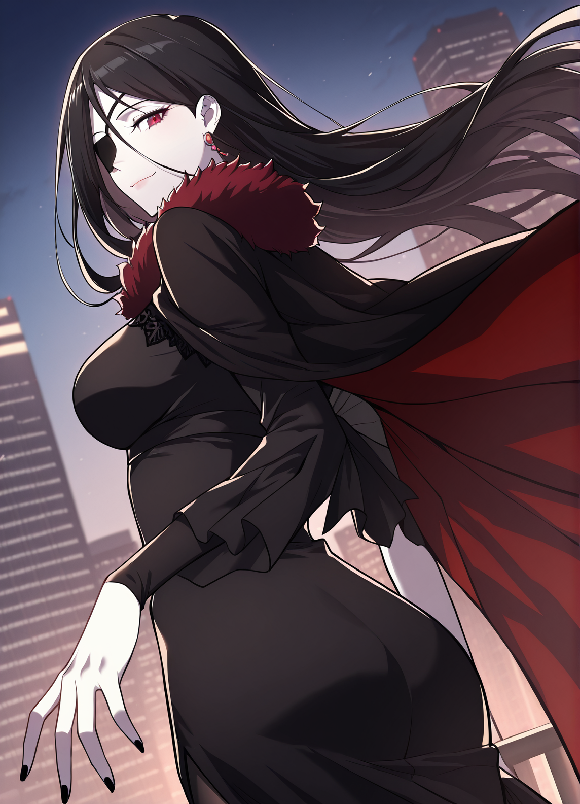 <lora:Hailey_Orga:1>
1 girl, solo, red eyes, black hair, long hair, hair between eyes, pale skin, large breasts
black dress, bridal gauntlets, cape, earrings, eyepatch, fur trim, black nails, black fingerless gloves, high heels, pantyhose, single glove
score_9, score_8_up, score_7_up, very aesthetic, source_anime, detailed, high quality, beautiful, masterpiece, detailed eyes, cityview, blurry background, pose dynamic angle, upper body, cowboy shot, light smile, looking back, reaching out, floating hair
