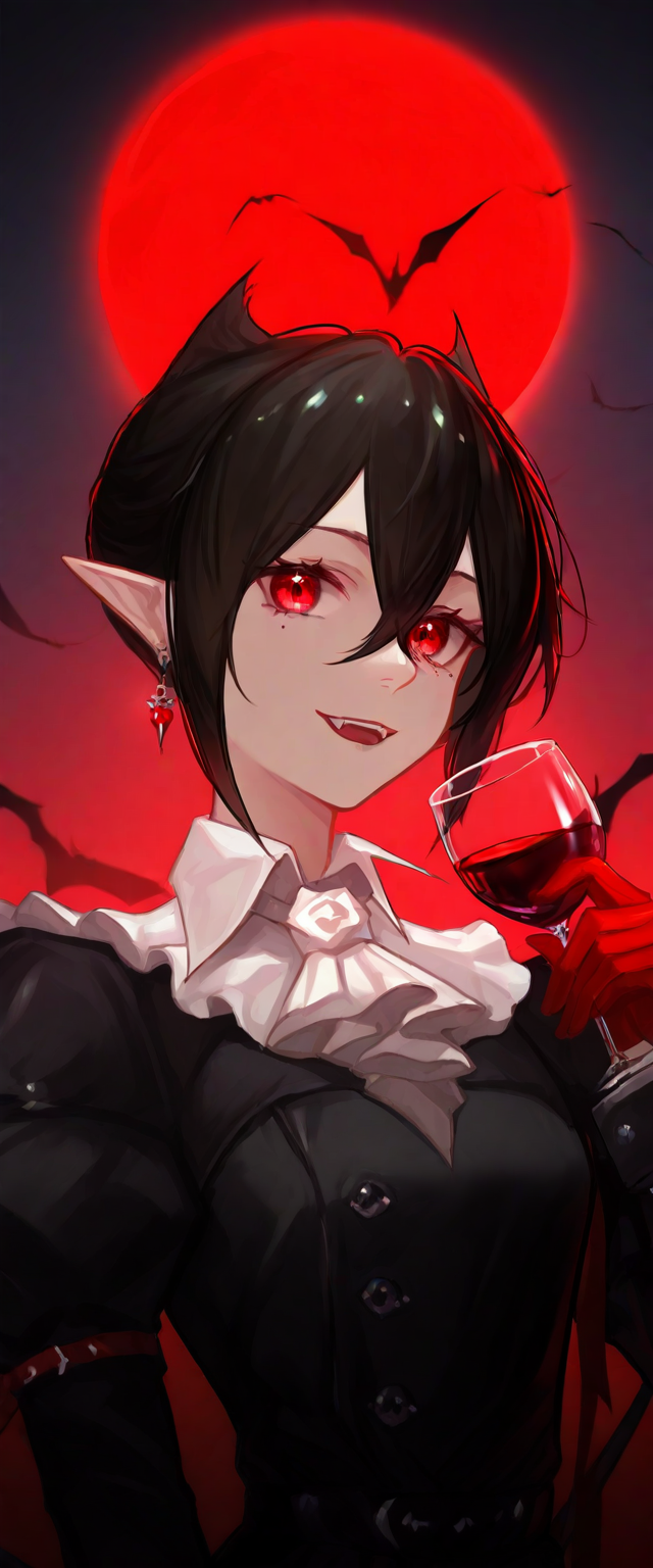 anime style, entelechia \(arknights\), comfy bed, very awa, masterpiece, best quality, amazing quality, very aesthetic, absurdres, newest,

holding glass of red wine,
1girl, red eyes, solo, pointy ears, black hair, gloves, red gloves, jewelry, ((upper body)), white ascot, short hair, earrings, looking at viewer, vampire, moon, bat (animal), black dress, black footwear, smile,