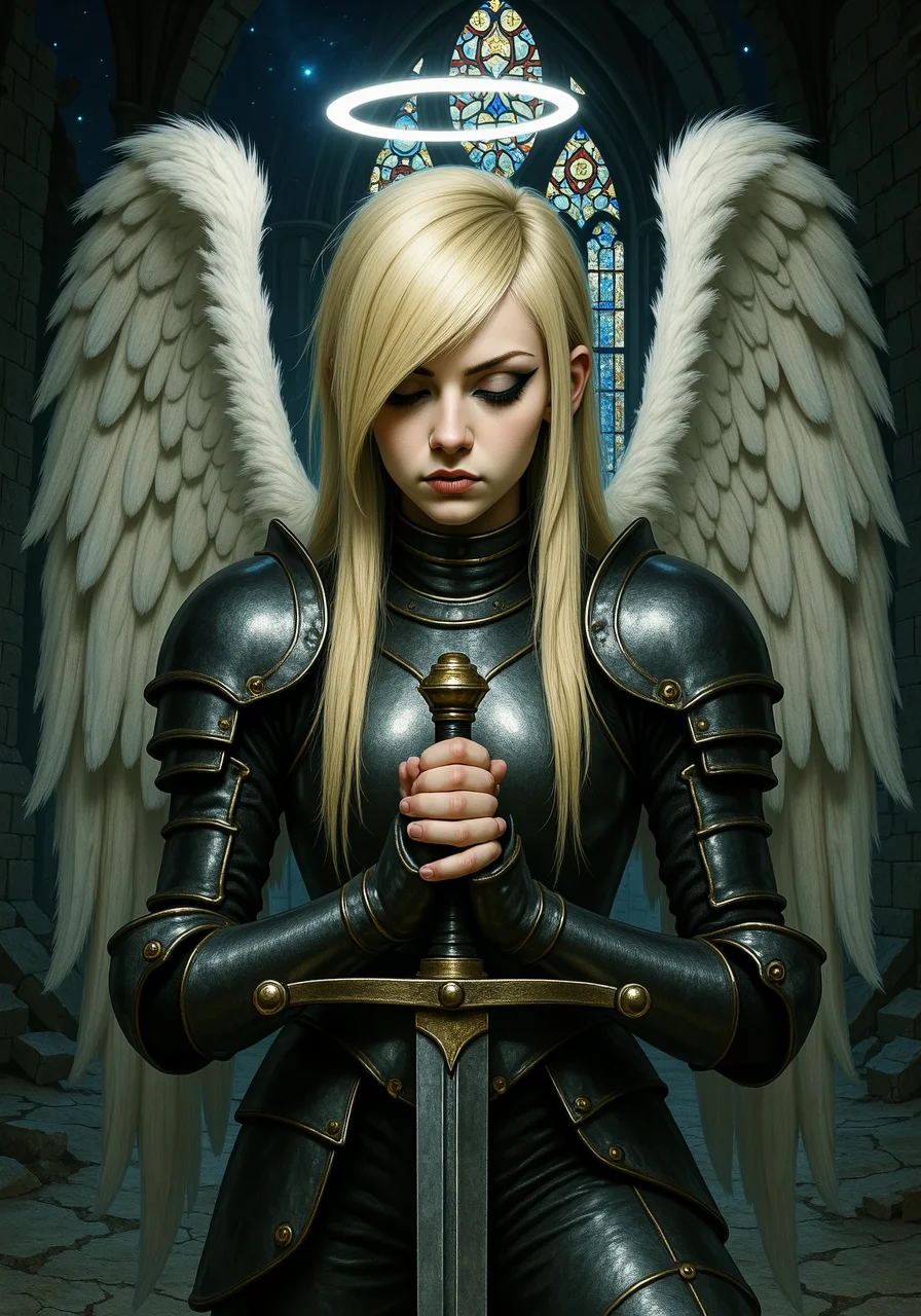 She has a distinctive 2000s scene/emo haircut: thick, sharply angled bangs that sweep across one eye, with long layered strands and long sidelocks that drape in front of her shoulders. Her eyes are framed by bold black winged eyeliner.blonde female angel with large unfurled wings and halo , eyes closed in prayer, blonde ponytail with bangs, wearing plate armor, leaning on claymore longsword hands clasped around the handle, the tip of the sword is against the ground, cracks in concrete emanating from her in a collapsed chapel with caved in ceiling, with stained glass in the background, pitch back night with stars the only light coming heavenly cone of light, full body, depth of field, innocent face, her hands are not deformed<lora:2000s_Scene_Emo_Hair.safetensors:1.0:1.0>