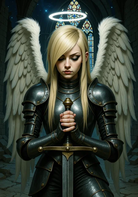 She has a distinctive 2000s scene/emo haircut: thick, sharply angled bangs that sweep across one eye, with long layered strands and long sidelocks that drape in front of her shoulders. Her eyes are framed by bold black winged eyeliner.blonde female angel with large unfurled wings and halo , eyes closed in prayer, blonde ponytail with bangs, wearing plate armor, leaning on claymore longsword hands clasped around the handle, the tip of the sword is against the ground, cracks in concrete emanating from her in a collapsed chapel with caved in ceiling, with stained glass in the background, pitch back night with stars the only light coming heavenly cone of light, full body, depth of field, innocent face, her hands are not deformed<lora:2000s_Scene_Emo_Hair.safetensors:1.0:1.0>