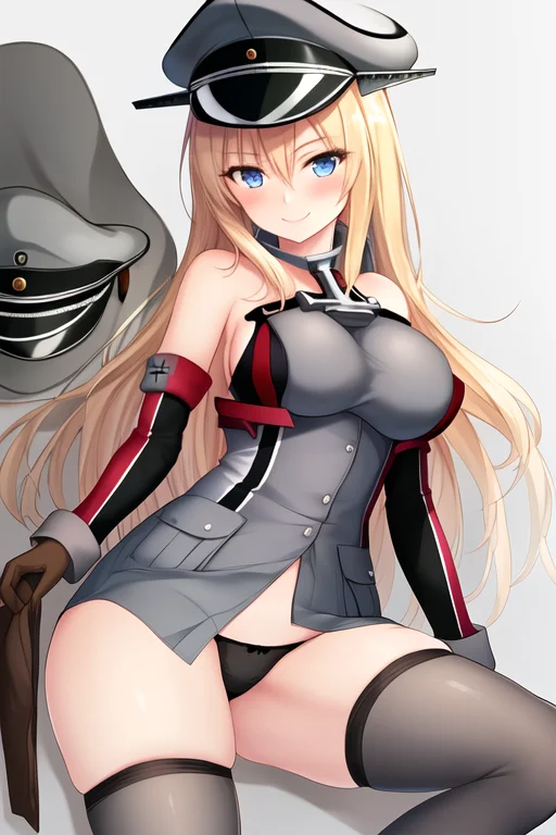 masterpiece, best quality, highres, solo, {bismarck_kantaicollection:1.10}, blonde_hair, long_hair, blue_eyes, breasts, hat, peaked_cap, large_breasts, military, blush, military_hat, 1girl, bare_shoulders, black_panties, brown_gloves, detached_sleeves, gloves, grey_thighhighs, looking_at_viewer, military_uniform, panties, thighhighs, underwear, uniform, cross, iron_cross, smile