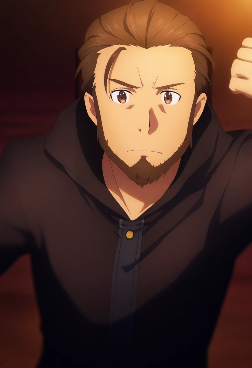 masterpiece, best quality, anime screencap, , , depth of field, 1boy, male focus, dark brown eyes, brown hair, short beard, geek costume, solo, rule of thirds, sahara desert, dark, arm up, distracted, aloof, oblivious, <lora:sao_alicization_style_ilxl:0.96>, sao_alicization_style,