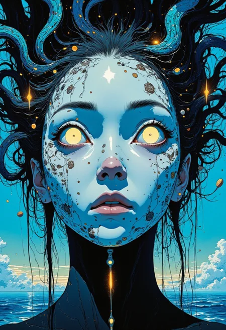 (in Otomo Katsuhiro style:1.3), masterpiece, high-quality, surreal portraiture, a woman with a porcelain mask for a face, one eye glowing with ancient energy, her long hair morphs into a swirling mix of ink and light, forming ethereal, disappearing figures, shot from a low angle as if the viewer is looking into her gaze, intricate details of glowing symbols around her, minimalistic yet dramatic lighting, haunting atmosphere, (elaborate fine details:1.1), (hyperdetailed:1.2), (intricate details:1.1), (Refined details:1.2), (best quality:1.1), (high resolution:1.3)