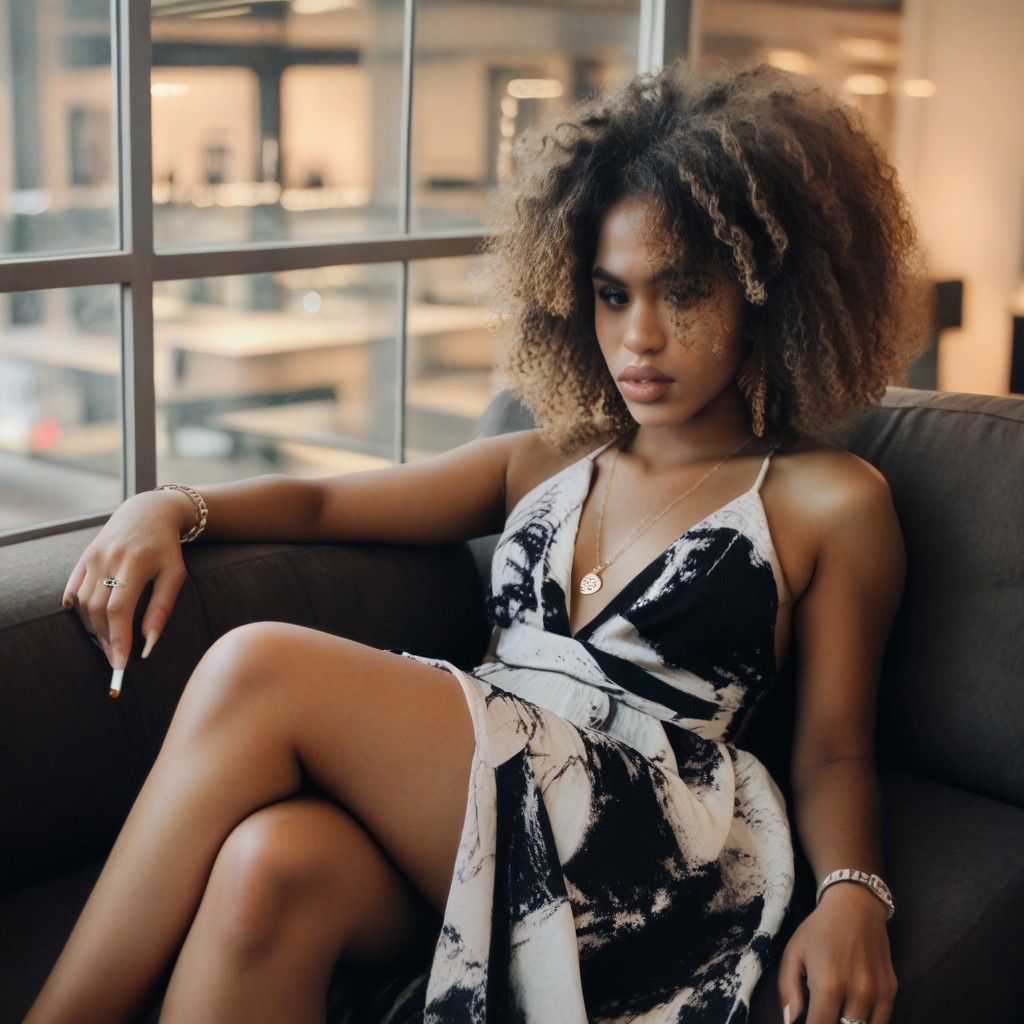 PARTYDRESS, 1GIRL, JEWELRY, RING, SOLO, DRESS, DARK SKIN, DARK-SKINNED FEMALE, NECKLACE, BRACELET, COUCH, SITTING, CIGARETTE, CURLY HAIR, BREASTS, CROSSED LEGS, HOLDING CIGARETTE, AFRO, REALISTIC, LIPS, BROWN HAIR, INDOORS, Through Window, thick thighs, wide hips,