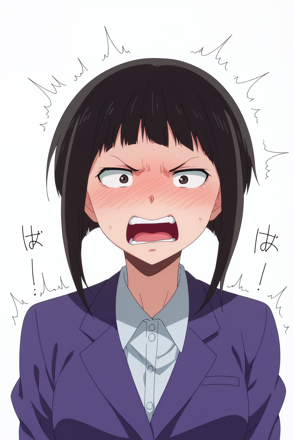 <lora:Amamiya:0.8>, white background, Amamiya, rating explicit, solo, blush, open mouth, short hair, black hair, angry,