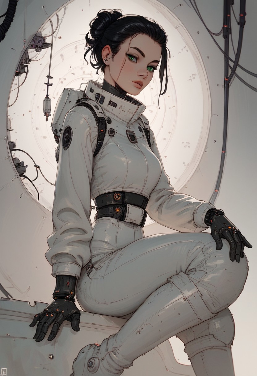 score_9, score_8_up, score_7_up, score_6_up,  wide angle photo, style of wlop, far shot, full body, 1girl, cyborg, mech armor, battle damaged, conducting repairs on her arm, sitting in a futuristic junk yard, 18 years old, beautiful, Perfect face, surrounded by technology, a beautiful girl, long black hair, green eyes, pouty lips, wearing a spacesuit, wearing goggles on her forehead, wiping her brow with her hand, mechanic, giant mech  robot, lots of wires and technology, repairing a robot, grease smudge on her left cheek, neon lights, dynamic angle, dynamic lighting, detailed background